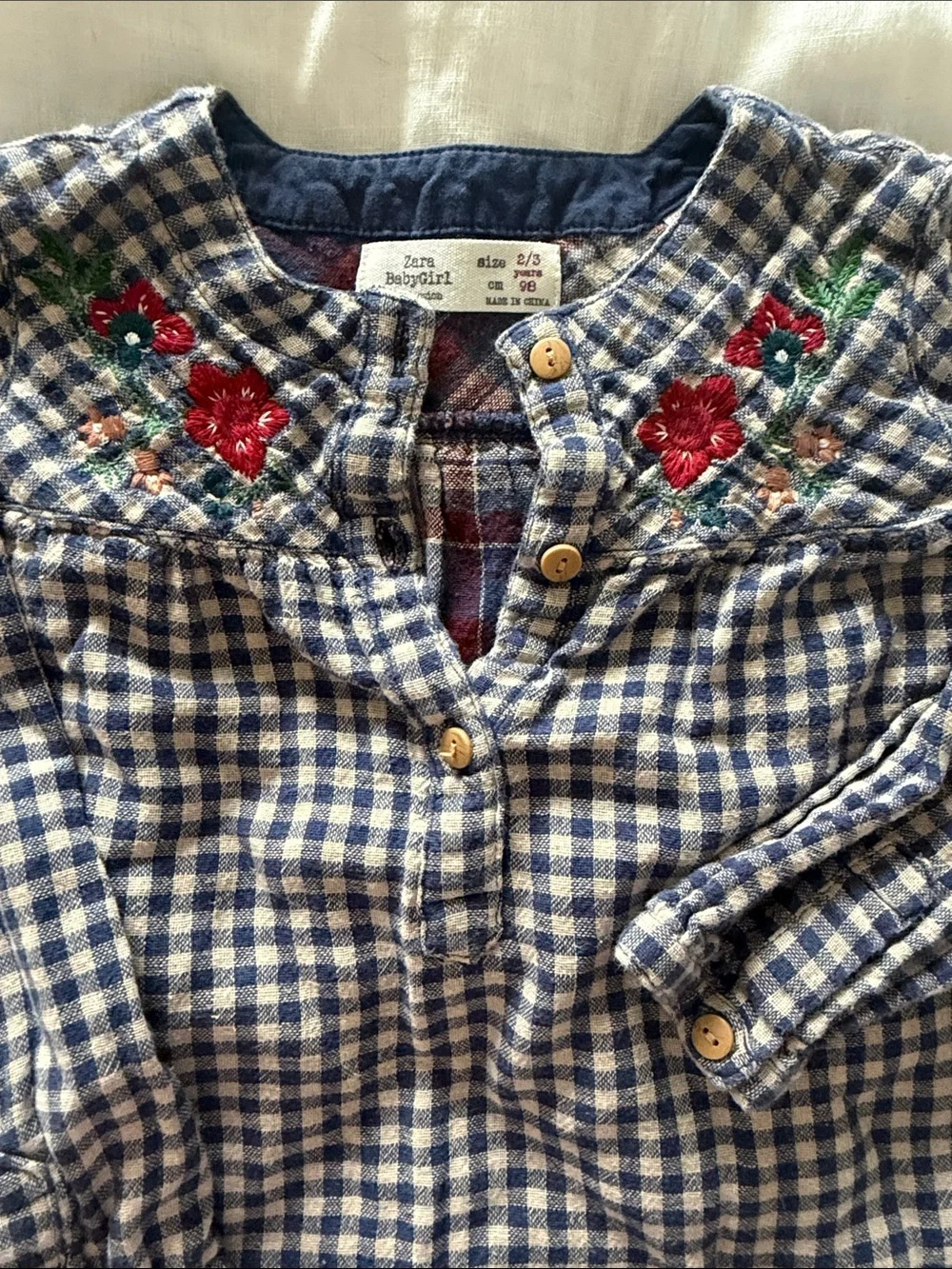 Zara  Blue Checkered Floral-Embroidered fall dress 2/3